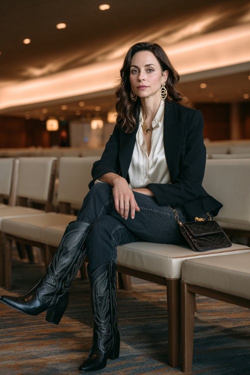 A woman over 40 wears sleek black cowboy boots with tailored dark jeans, a silky blouse and structured blazer, finished with statement earrings and a chic handbag