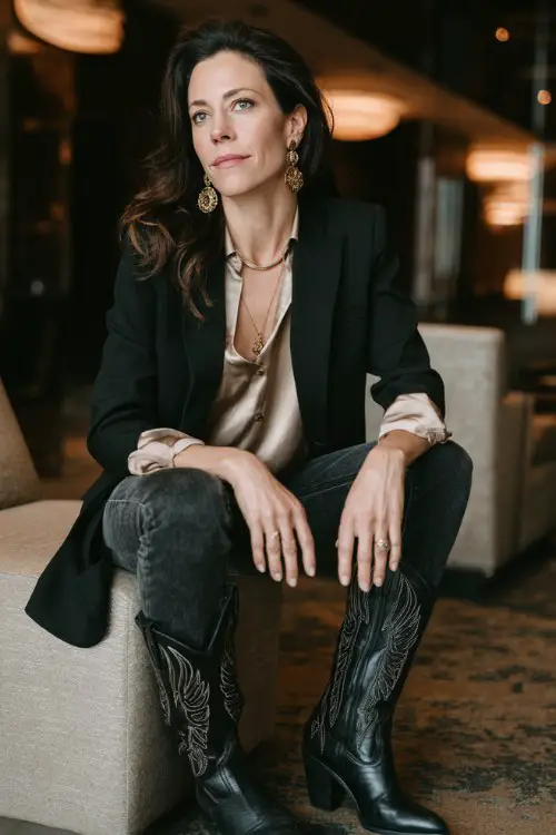 A woman over 40 wears sleek black cowboy boots with tailored dark jeans, a silky blouse and structured blazer, finished with statement earrings