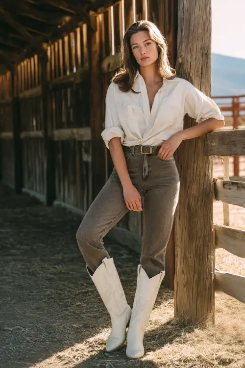 A woman over 40 wears straight-leg jeans with a crisp button-down shirt tied at the waist, paired with white cowboy boots and a structured belt