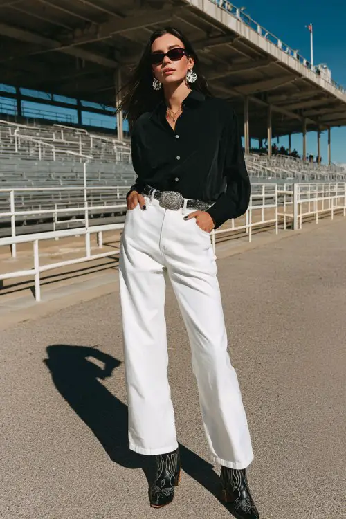 A woman over 40 wears white wide-leg trousers and a structured black button-up blouse tucked in, finished with polished black cowboy boots and silver concho earrings