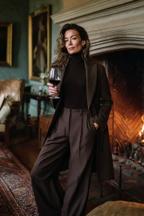 A woman over 40 wears wide-leg trousers with a fitted turtleneck and a structured longline coat
