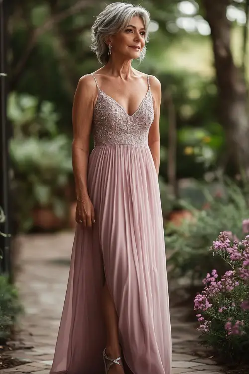 A woman over 50 in a soft mauve empire waist gown with a pleated bodice and delicate floral embroidery