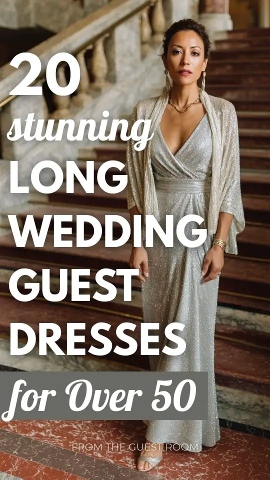 A woman over 50 wears a long silver sequin wedding guest dress with sheer shawl and delicate jewelry, and pumps