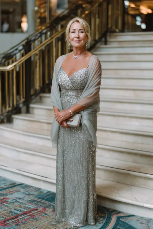 A woman over 50 wears a long silver sequin wedding guest gown with sheer shawl and delicate jewelry, and pumps