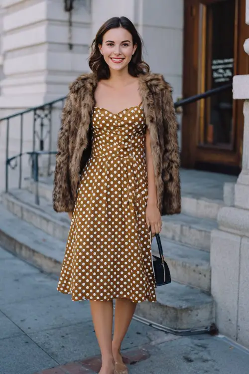 A woman styles a polka-dot tea dress with a cropped faux fur jacket and kitten heels