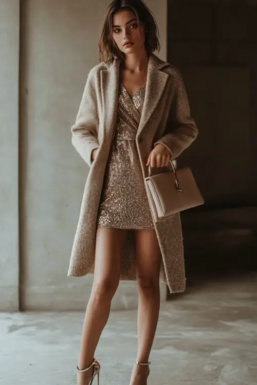 A woman wearing a draped wool coat over a sparkly mini dress, accessorized with high heels and a simple clutch