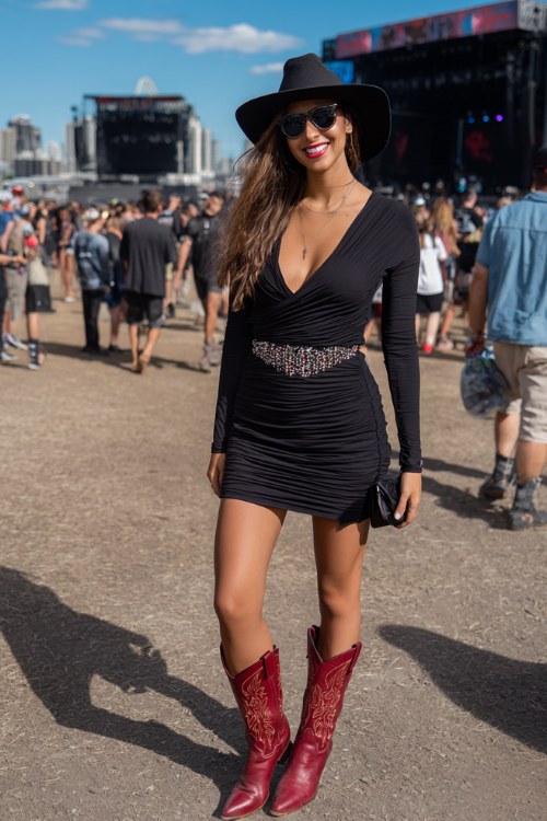 A woman wears a black bodycon dress with a deep V-neckline, ruched sleeves, a glittering rhinestone belt, and red cowboy boots