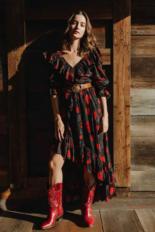 A woman wears a black high-low dress with bold red floral print and ruffle sleeves, cinched with a tan leather belt, styled with red cowboy boots