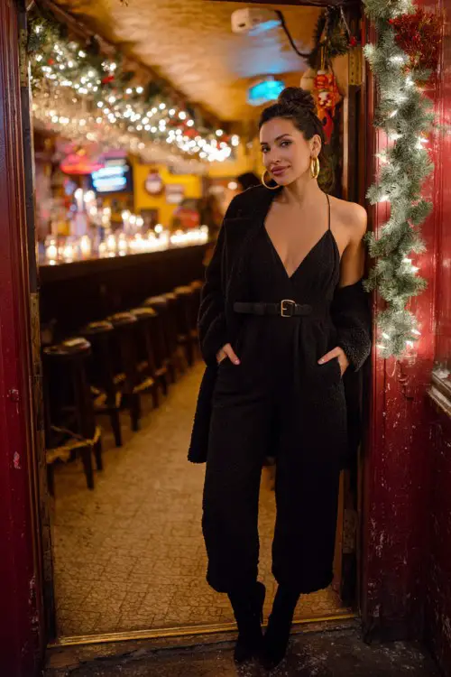 A woman wears a black jumpsuit with a belted waist and a teddy-textured overcoat, paired with bold gold hoops and heeled boots