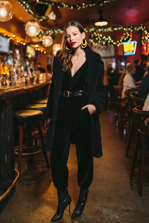 A woman wears a black jumpsuit with a belted waist and a teddy-textured overcoat, paired with bold gold hoops and heeled boots
