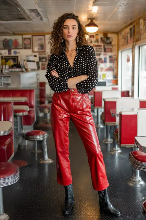A woman wears a black polka dot blouse tucked into red leather trousers with black cowboy boots