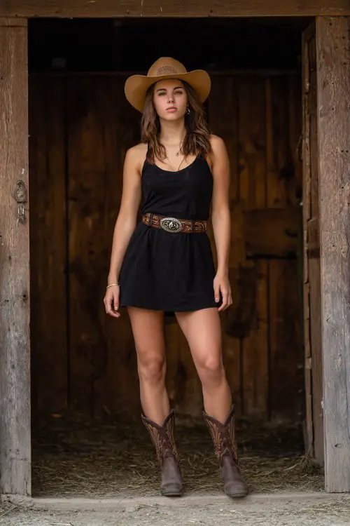 A woman wears a black sleeveless mini dress with a bold engraved Western belt, paired with brown cowboy boots and a felt hat