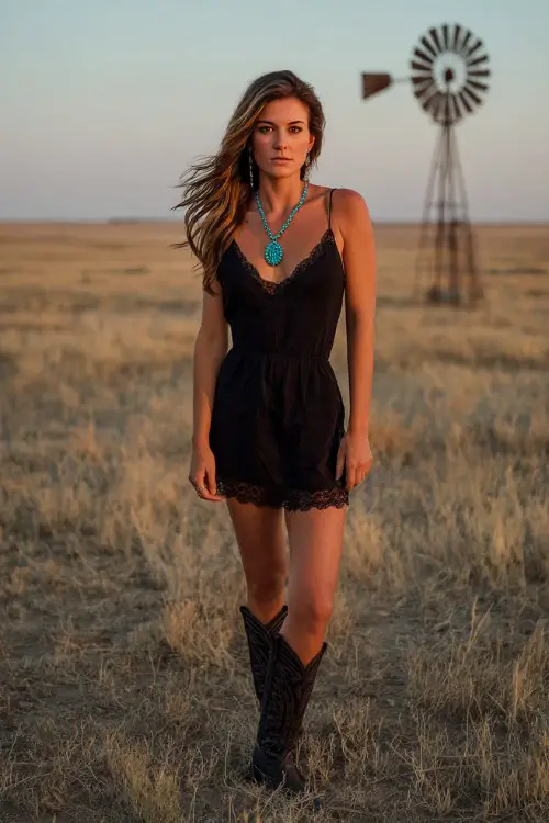 A woman wears a black sleeveless mini dress with lace trim, paired with tall black cowboy boots and a chunky turquoise necklace