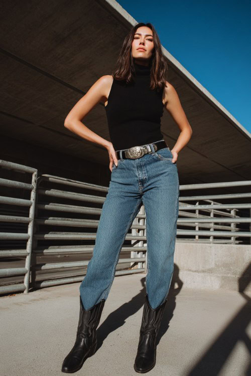A woman wears a black sleeveless turtleneck bodysuit tucked into high-rise blue jeans with a statement silver buckle belt and black cowboy boots