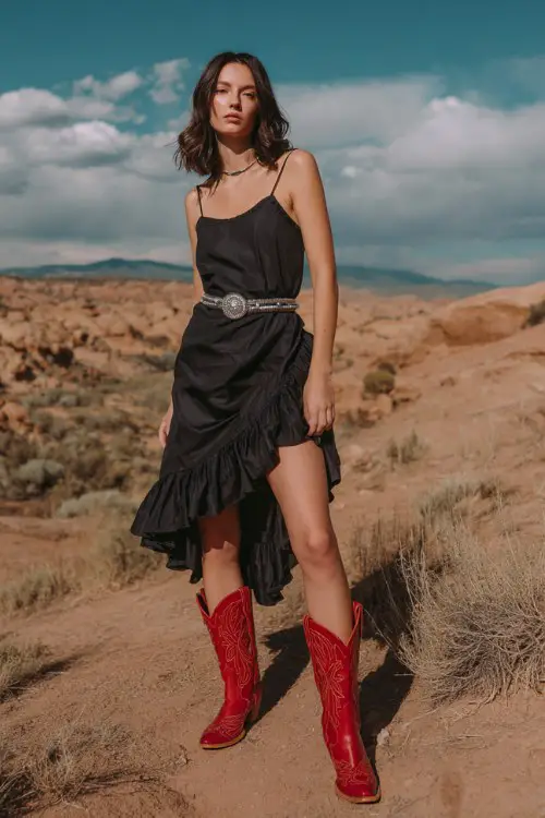 A woman wears a black spaghetti strap dress with a ruffled high-low hem and a silver Western belt, paired with classic red cowboy boots