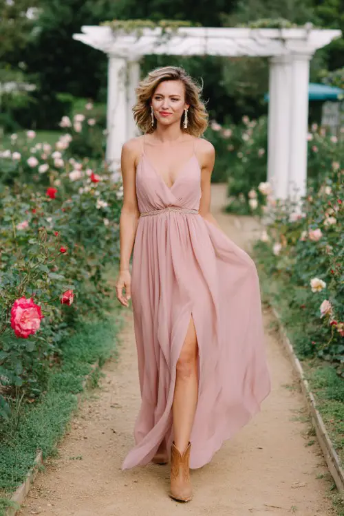 A woman wears a blush pink flowing chiffon gown with a beaded empire waist and high slit, styled with soft curls, dangling earrings, and tan cowboy boots