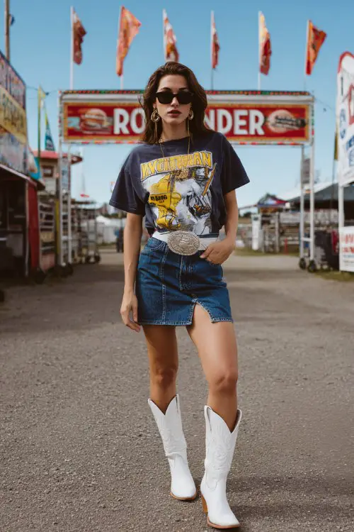 A woman wears a bold graphic tee tucked into a denim mini skirt with a high slit, styled with white cowboy boots and a western belt