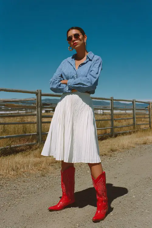 A woman wears a chambray button-down tucked into a pleated white skirt, finished with bright red cowboy boots and silver hoop earrings