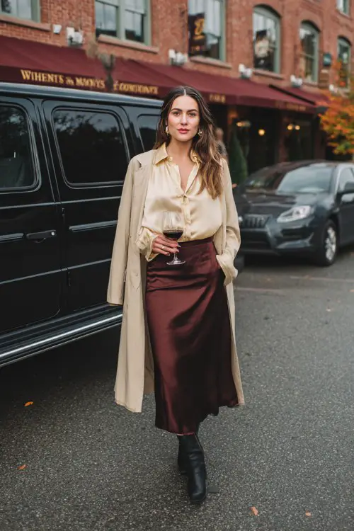 A woman wears a classic button-down tucked into a satin midi skirt, paired with ankle boots and a structured coat