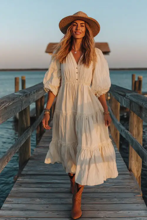 A woman wears a cream tiered midi dress with puff sleeves and brown cowboy boots