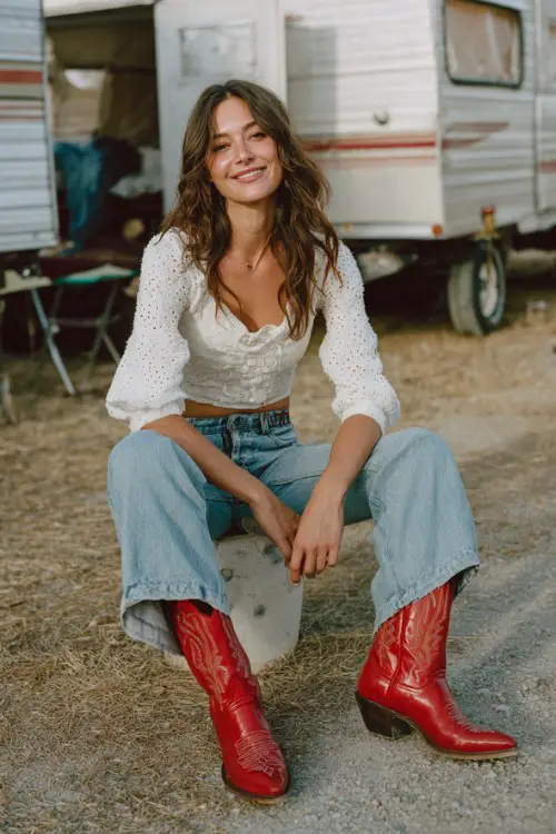 A woman wears a cropped white eyelet blouse and light-wash jeans tucked into classic red cowgirl boots near a rodeo
