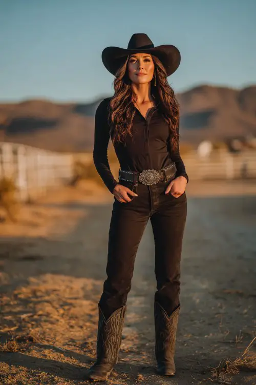 A woman wears a fitted black long-sleeve bodysuit with matching black jeans, black cowboy boots, and a large Western belt, finished with a structured black hat