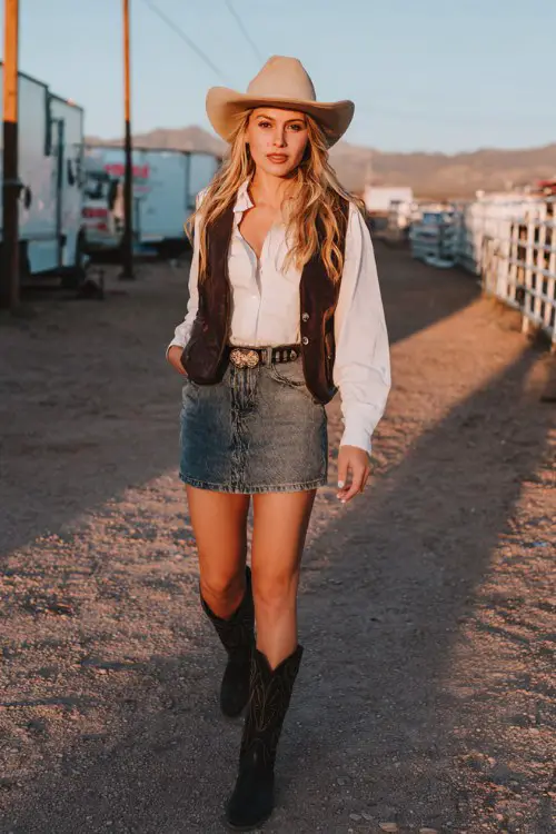 A woman wears a fitted leather vest over a white long-sleeve blouse, denim mini skirt, and black cowgirl boots, styled with a felt hat