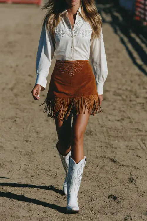A woman wears a fringe suede mini skirt in chestnut brown, a tucked-in white blouse with pearl snaps, and white cowboy boots with silver detailing