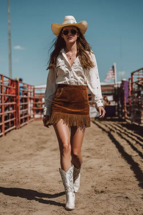 A woman wears a fringe suede mini skirt in chestnut brown, a tucked-in white blouse with pearl snaps, and white cowboy boots with silver detailing
