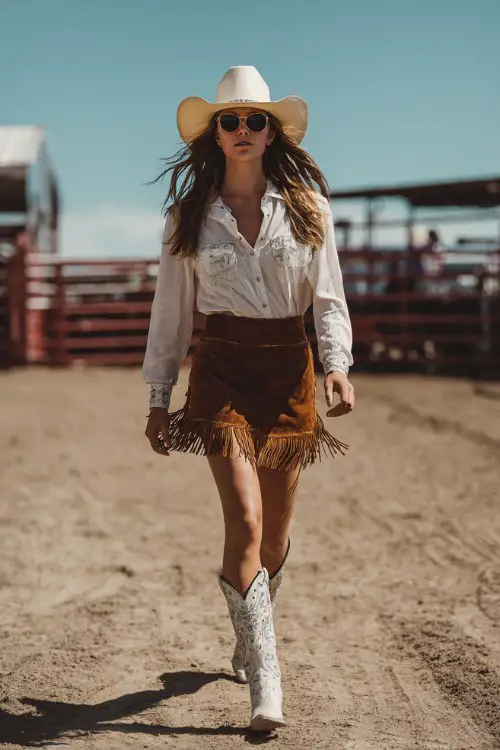 A woman wears a fringe suede mini skirt in chestnut brown, a tucked-in white blouse with pearl snaps, and white cowboy boots with silver detailing