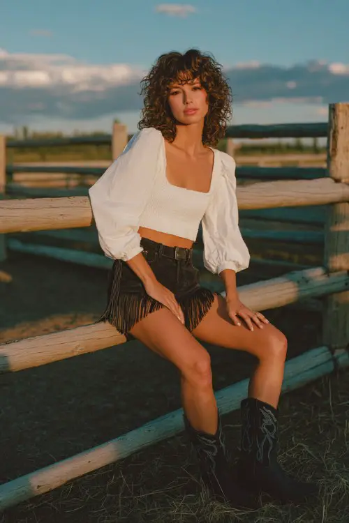 A woman wears a fringed black suede mini skirt with a white puff-sleeve crop top and classic black cowboy boots