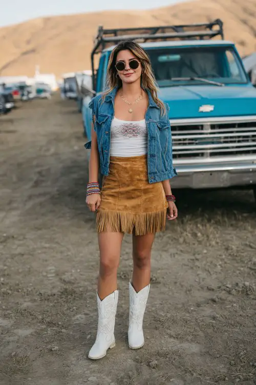 A woman wears a fringed suede mini skirt with a fitted tank top and a cropped denim jacket, paired with white cowboy boots and stacked bracelets
