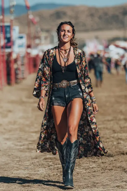 A woman wears a long floral duster over denim cutoffs and a fitted black tank, styled with tall black cowboy boots and layered necklaces