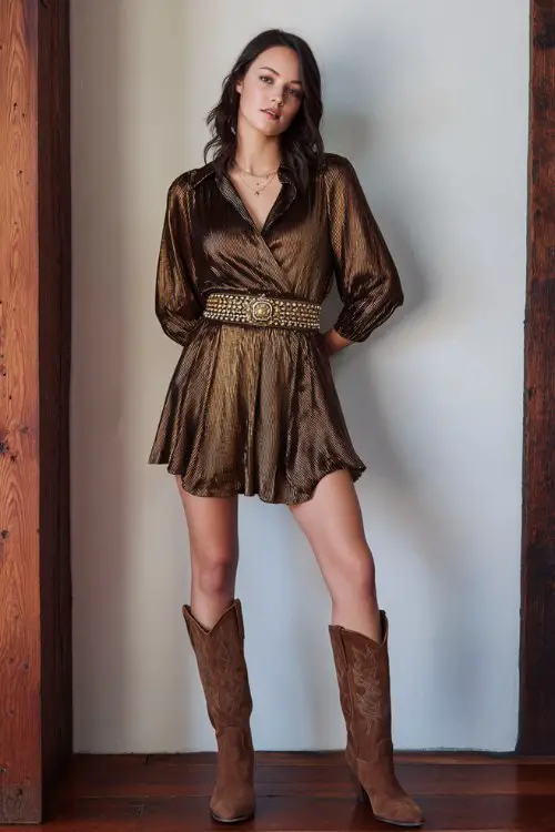 A woman wears a metallic bronze dress with a flared hem, cinched at the waist with a studded belt, and brown suede cowboy boots