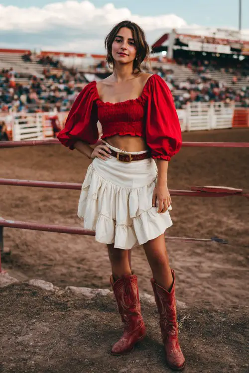 A woman wears a red crop top with puff sleeves, a tiered white skirt, and red cowgirl boots