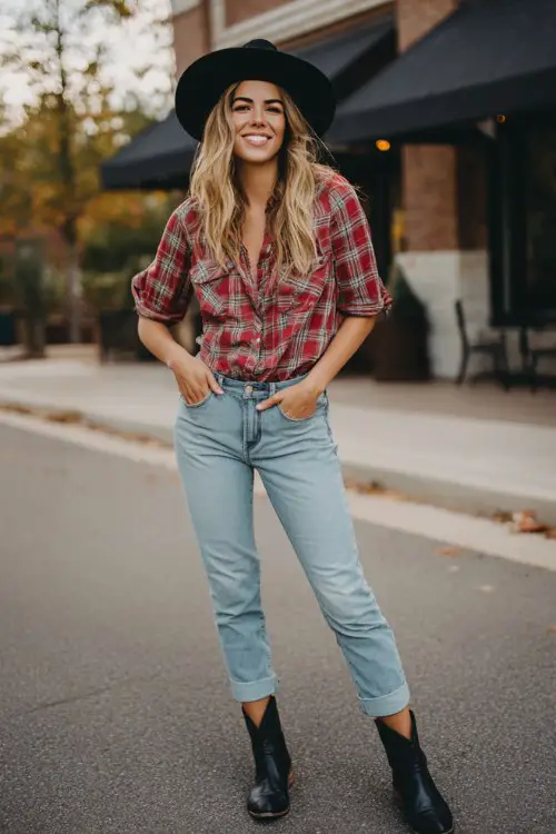 A woman wears a red plaid shirt with cuffed sleeves tucked into light blue skinny jeans, styled with short black cowboy boots and a black hat