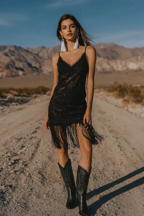 A woman wears a sleeveless black lace cocktail dress with dramatic fringe along the hem and black cowboy boots, accessorized with bold white tassel earrings