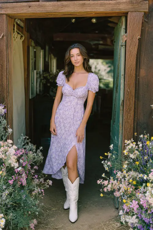 A woman wears a soft lavender high-low cap sleeve dress with delicate gathering at the bust, paired with clean white cowboy boots