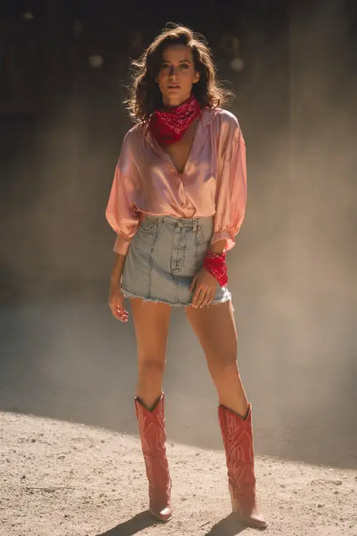 A woman wears a soft pink satin blouse tucked into a denim mini skirt with red cowgirl boots and a red bandana tied around her wrist