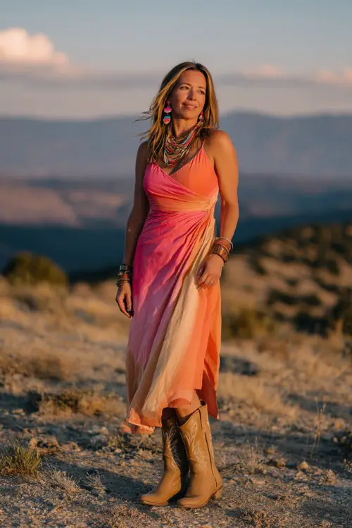 A woman wears a sunset ombré dress blending coral, pink, and orange tones, paired with light brown cowboy boots and bold earrings
