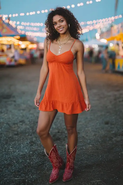A woman wears a vibrant orange mini dress with spaghetti straps and flared hem, paired with embroidered red cowboy boots and layered gold necklaces