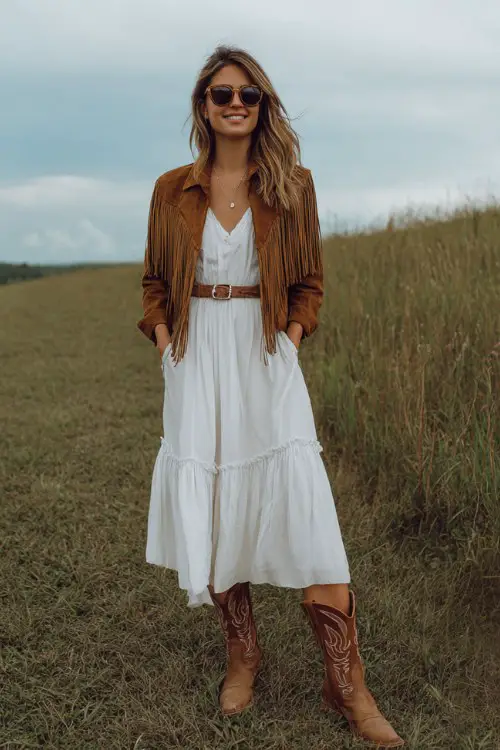 A woman wears a white midi dress belted at the waist, topped with a brown suede fringe jacket, brown cowboy boots