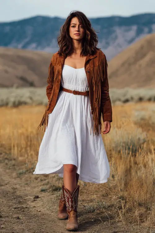 A woman wears a white midi dress belted at the waist, topped with a brown suede fringe jacket, brown cowboy boots