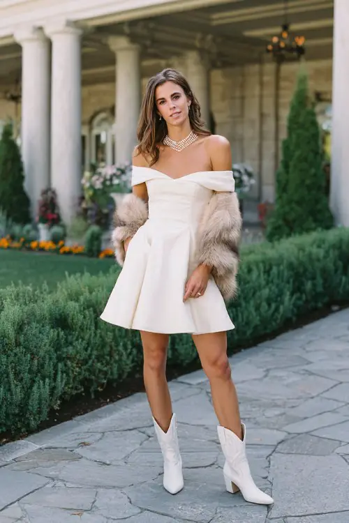 A woman wears an off-white structured cocktail dress with an off-the-shoulder neckline and flared skirt, accessorized with a pearl necklace, white suede cowboy boots, and a faux fur wrap