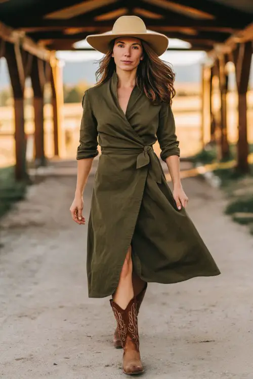 A woman wears an olive green wrap dress belted at the waist with suede brown cowboy boots and a wide-brim hat
