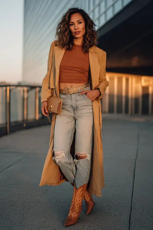 A woman wears caramel brown cowboy boots with ripped boyfriend jeans, a fitted crop tee and longline trench coat, styled with a chain belt and mini clutch