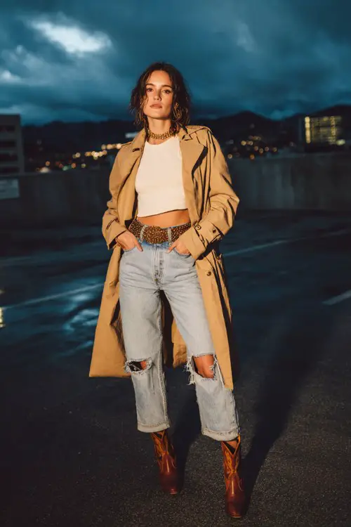 A woman wears caramel brown cowboy boots with ripped boyfriend jeans, a fitted crop tee and longline trench coat, styled with a chain belt and mini clutch