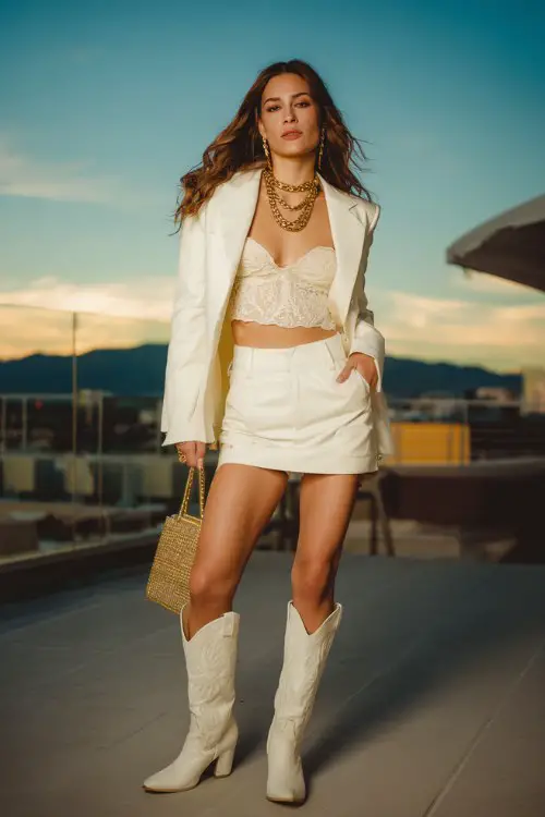 A woman wears glossy white cowboy boots with a fitted leather mini skirt, cropped blazer and lace bodysuit, accessorized with layered gold chains and a sleek clutch