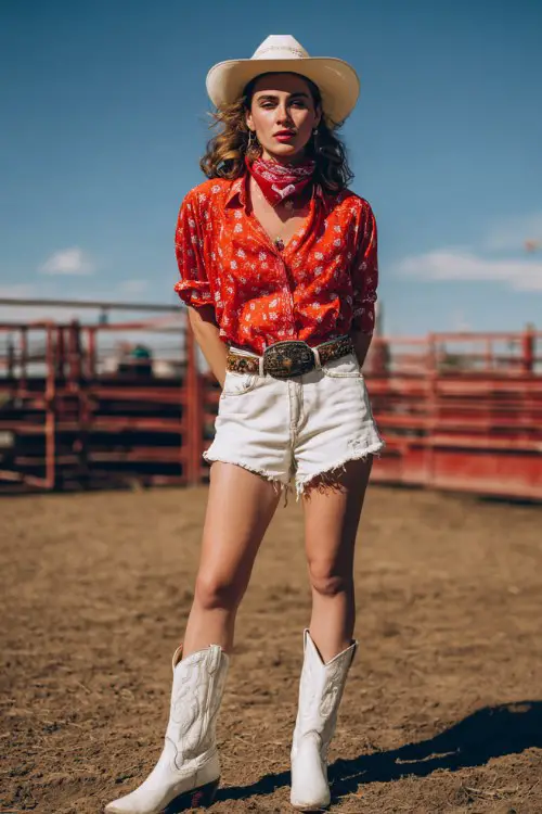 A woman wears high-waisted denim shorts with a fitted red bandana-print top and crisp white cowboy boots
