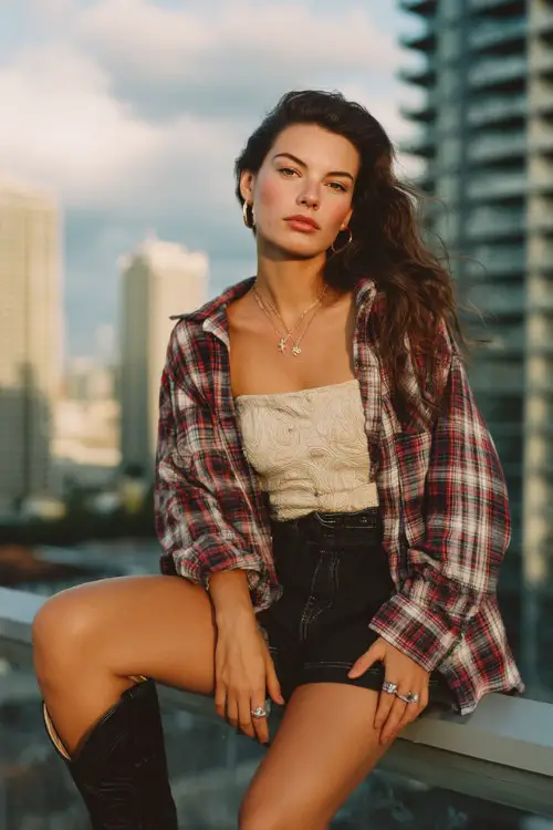 A woman wears high-waisted shorts styled with black cowboy boots, a structured bustier top and oversized plaid shirt worn open